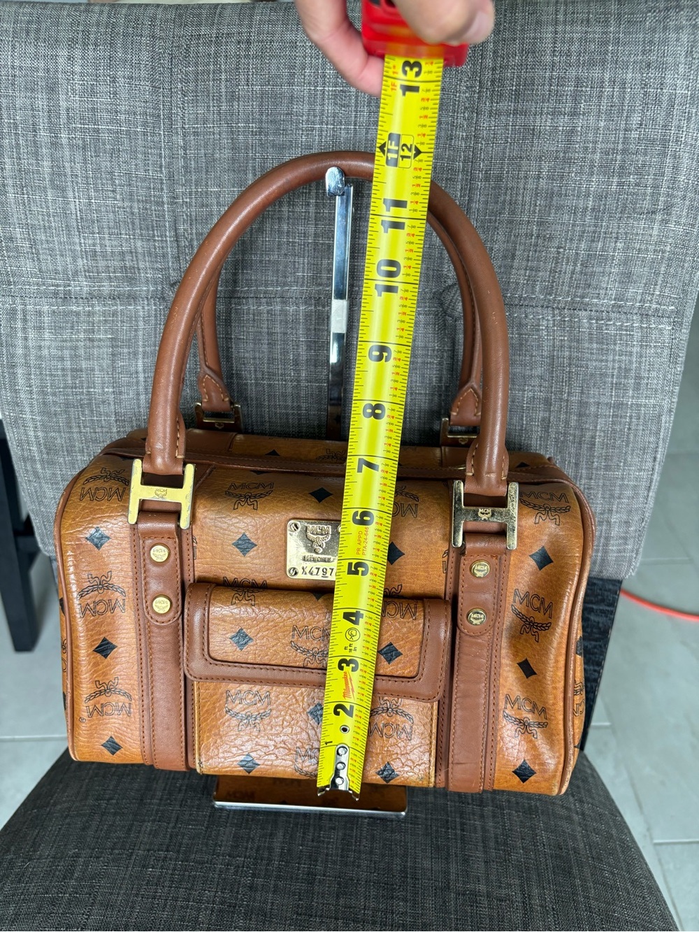 MCM Brown Visetos Logo Satchel with Gold Hardware - Picture 10 of 12